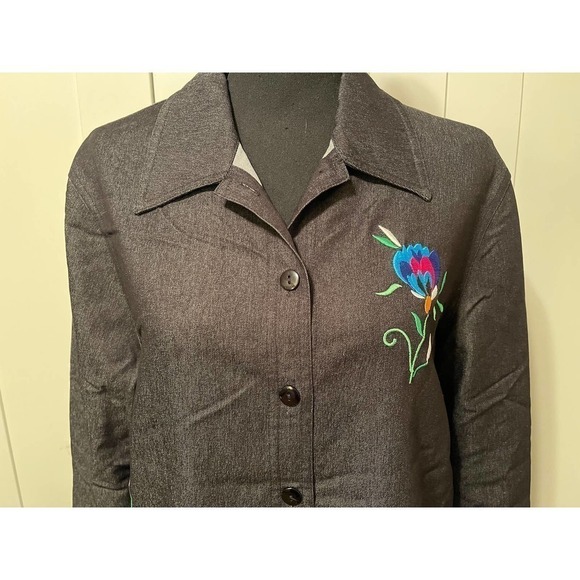 ALLISON Daley Black Button Up Long Sleeve Blouse Shirt Top Embroidered Flowers - Picture 2 of 9